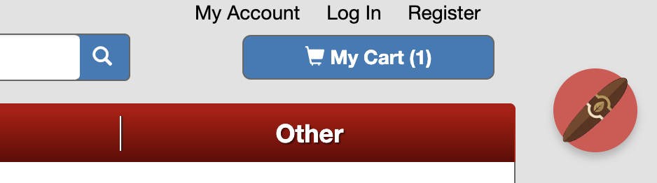 The Cigar Helper launcher button — a small round icon showing a cigar — floating at the right side of a retailer's page header.