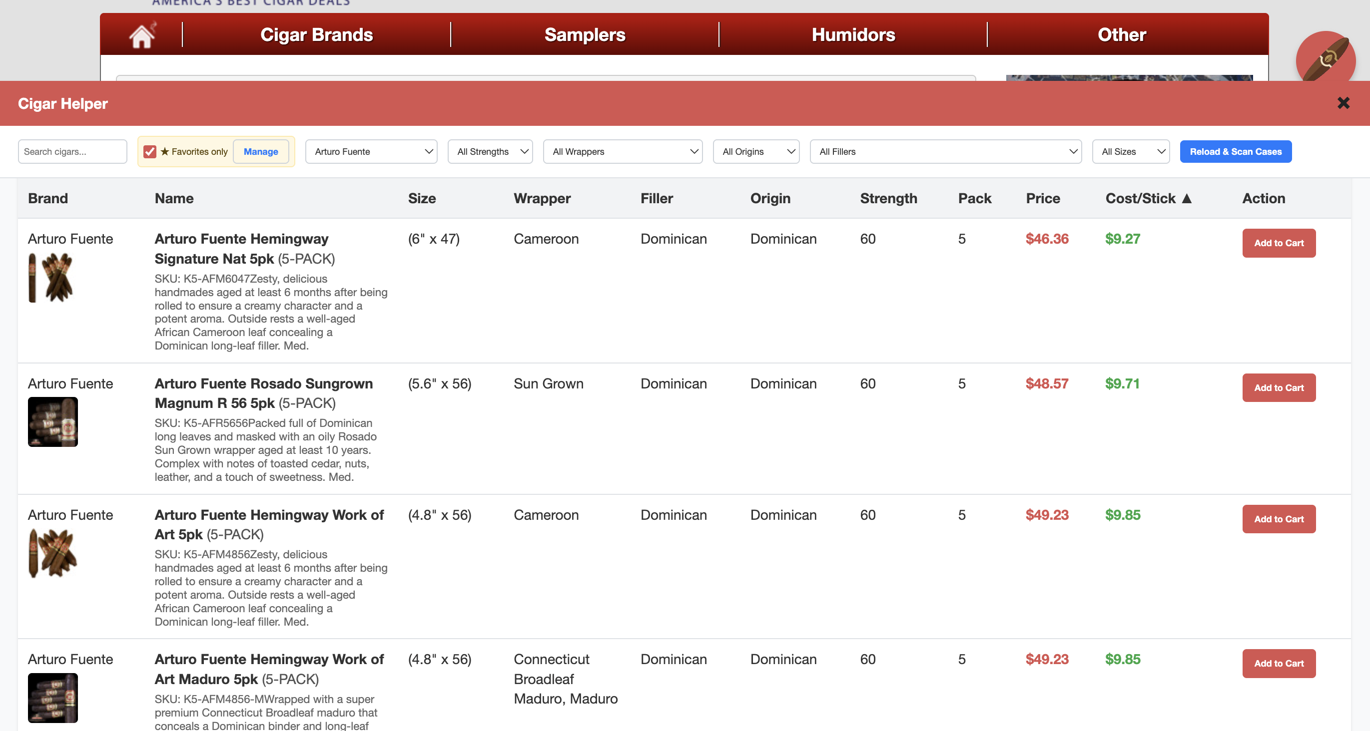 The Cigar Helper overlay on a CigarPage promo, filtered to Arturo Fuente. Columns include brand, name, size, wrapper, filler, origin, strength, pack count, price, and cost per stick. Each row has an Add to Cart button.